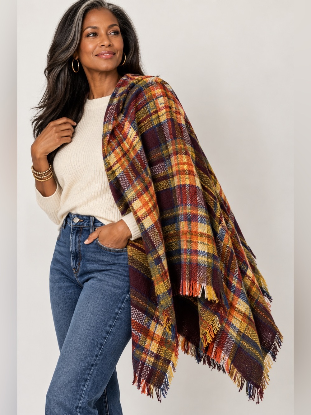 Oversized Plaid Blanket Scarf 53x53 Fringe Old Money Preppy Fall Wrap